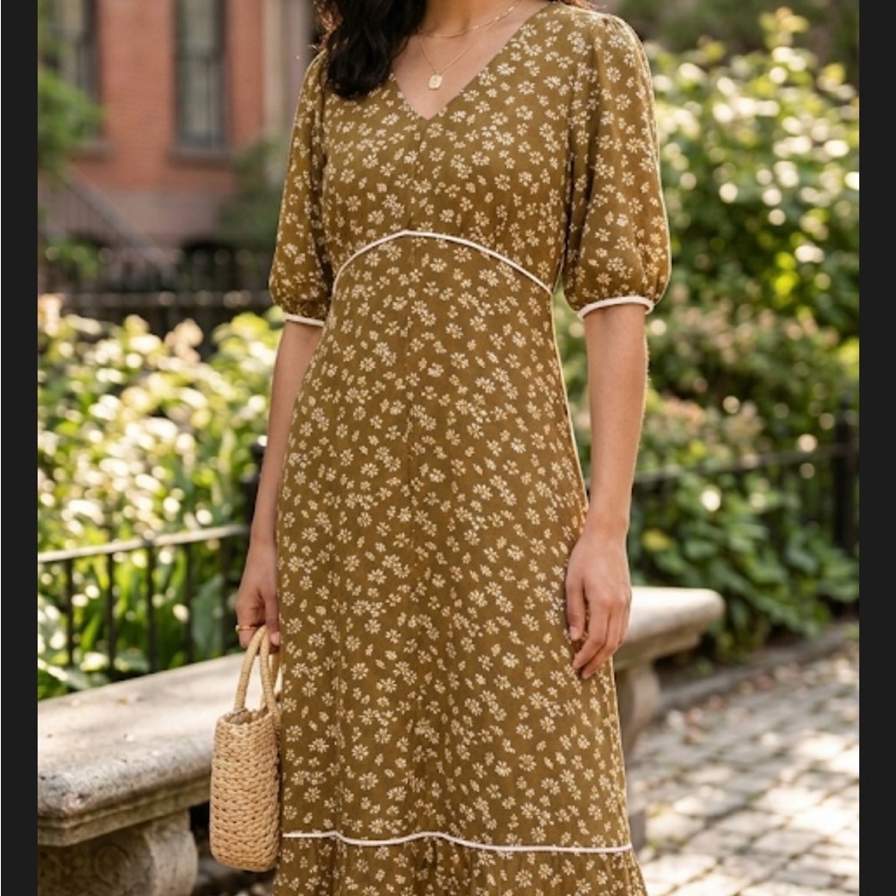 Polagram Olive Floral Midi Dress with White Trim